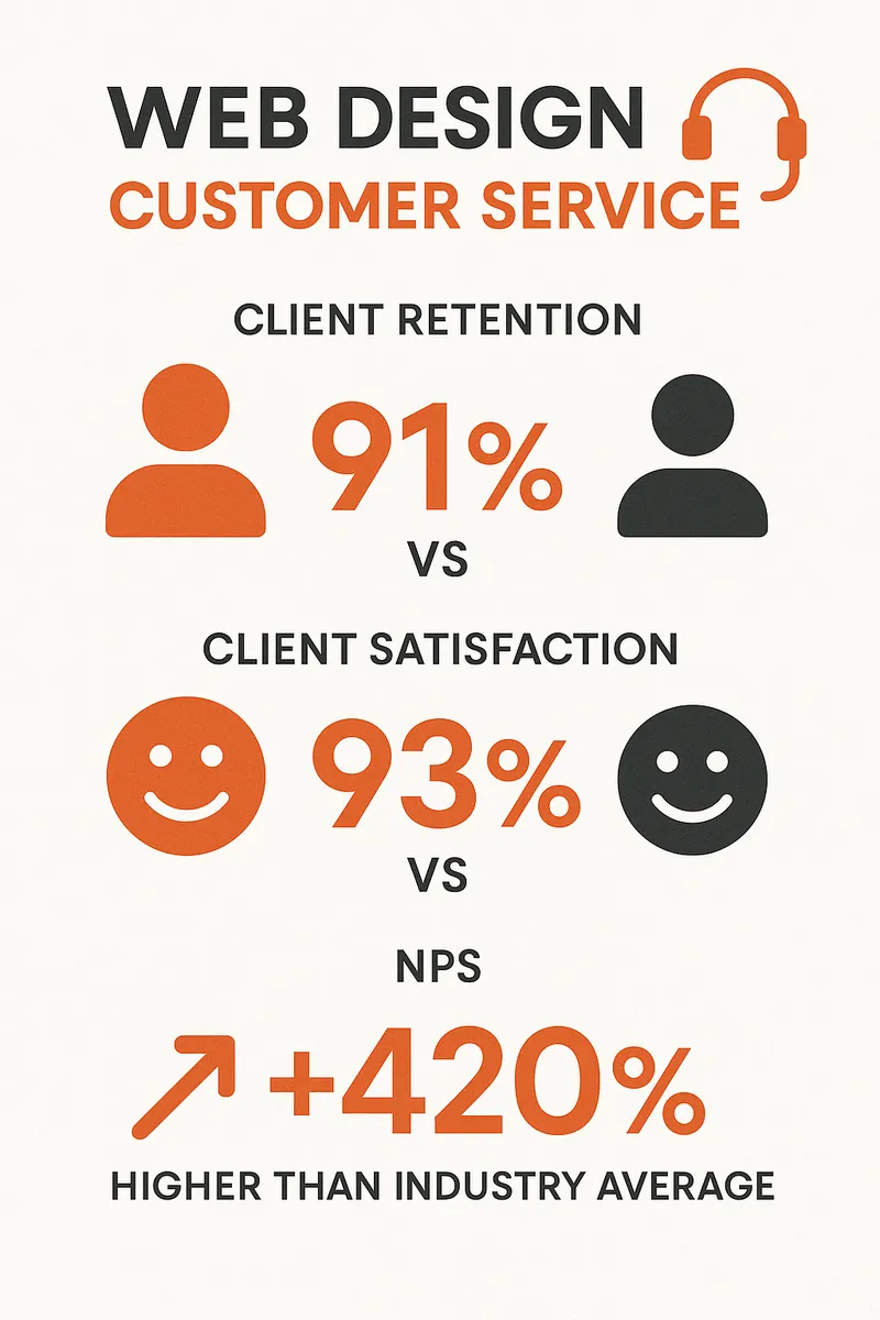 Infographic showing the relationship between web design customer service and business outcomes, including statistics on client retention (91% vs 50% industry average), client satisfaction scores (93% vs 72% industry average), and NPS scores (420% higher than industry average) - Web design customer service infographic