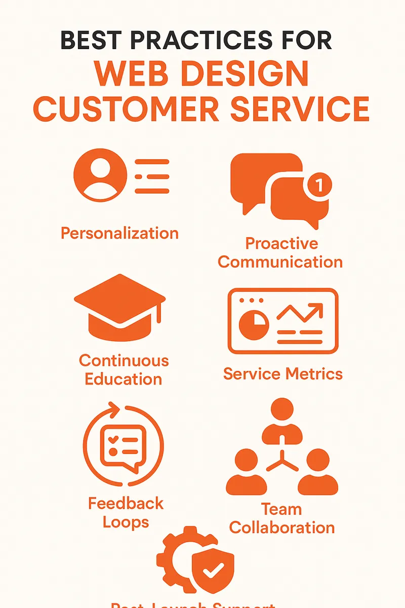 Best practices for web design customer service, including personalization, proactive communication, continuous education, measuring service metrics, implementing feedback loops, team collaboration, and post-launch support - Web design customer service infographic