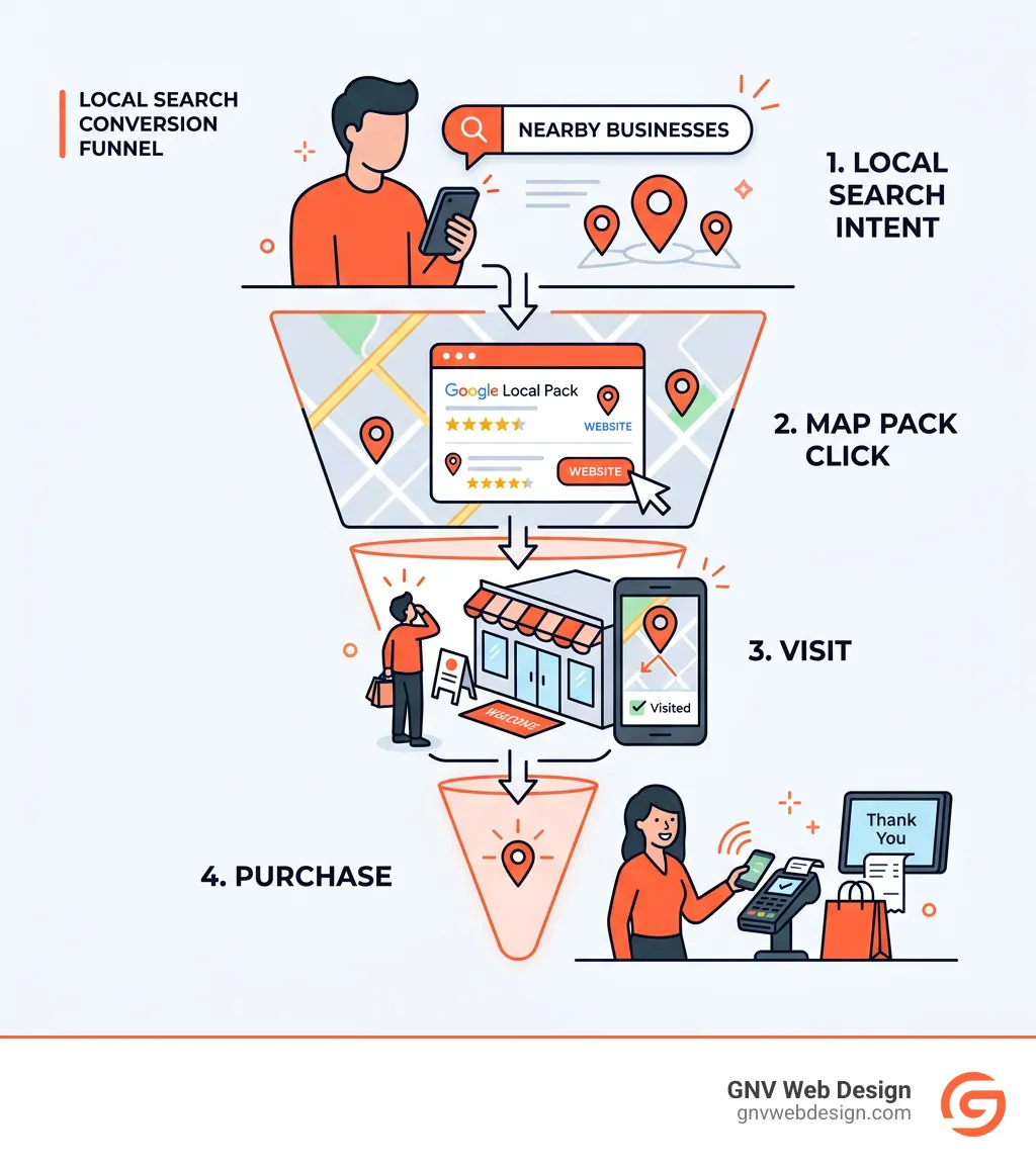 local search conversion funnel showing search intent, map pack click, visit, and purchase - local seo optimization